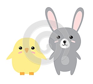 Vector flat cartoon Easter bunny rabbit and chick
