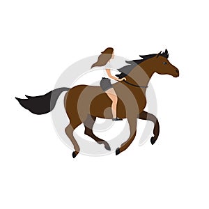 Vector flat cartoon girl woman riding free horse