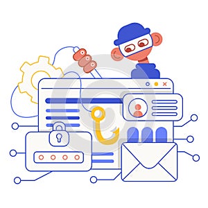 Vector flat cartoon illustration. Data phishing. Hacking online scam concept.