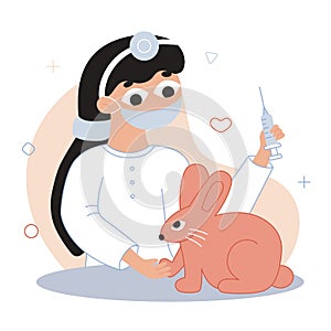 Vector flat cartoon illustration. The doctor treats the rabbit. The veterinarian gives an injection to the animal.