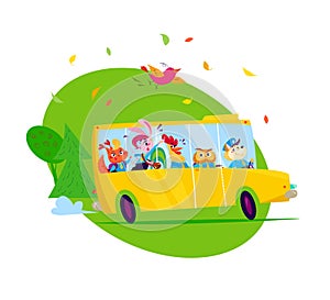 Vector flat cartoon illustration with funny animal students and yellow school bus