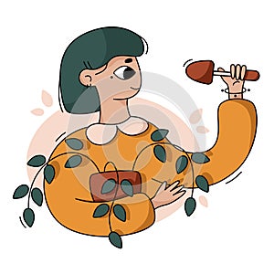 Vector flat cartoon illustration. Girl with home plants. The girl is gardening.