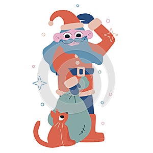 Vector flat cartoon illustration. New Year, Christmas toys. Santa with presents and cat.