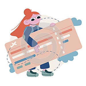 Vector flat cartoon illustration. Woman at the airport. Young girl holds a large plane ticket in her hands.