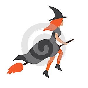 Vector flat cartoon witch flying broom