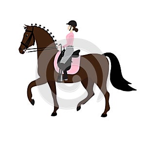 Vector flat cartoon woman riding dressage horse