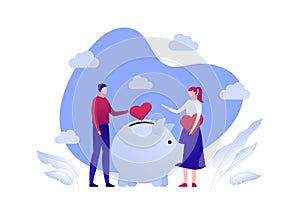 Vector flat charity money people illustration. Family donate heart sign to donation box. Concept of social care, responsobility,