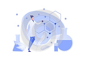 Vector flat chemistry science people illustration. Female scientist holding atom with formula and tube on background. Concept of