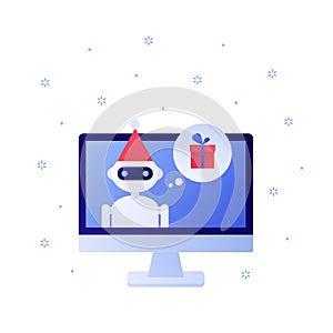 Vector flat christmas celebration technology person illustration. Android on screen in santa hat isolated on white background.