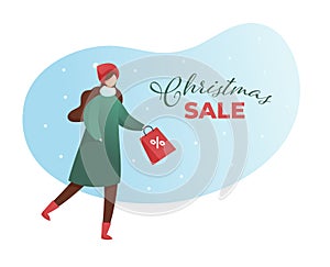 Vector flat christmas sale people illustration. Cute female in green coat and red santa hat ice-scate with shopping bag with fluid