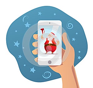 Vector flat christmas santa claus character portrait isolated on phone screen.