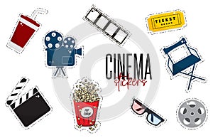Vector flat cinema stickers movie, camers, tickets, popcorn, glasses, chair, filmstrip. Tv symbol illustration. Modern
