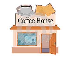 Vector flat coffee house. Facade of coffee house isolated on white background. Street coffee house. Freshly brewed coffee. Cafe photo
