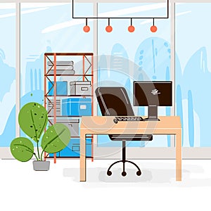 Vector Flat Collection of Creative Workplace with Modern Open Space and Empty Office Interior - Business and