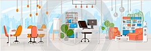 Vector Flat Collection of Creative Workplace with Modern Open Space and Empty Office Interior - Business and