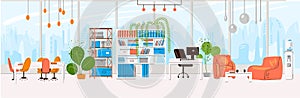 Vector Flat Collection of Creative Workplace with Modern Open Space and Empty Office Interior - Business and