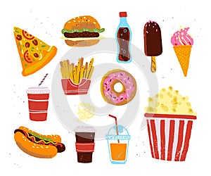 Vector flat collection of fast food meal objects - pizza, burger, donut, coffee, popcorn, fries isolated on white textured backgro