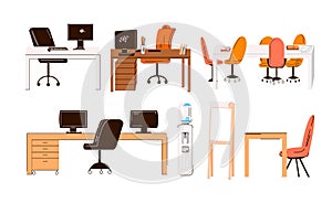 Vector flat collection of office and home work places, work stations - set of Furniture - desk with monitor, table