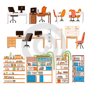 Vector flat collection of office and home work places, work stations - set of Furniture for team - desk with monitor