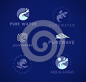 Vector flat collection of pure water logotypes isolated on dark blue background.