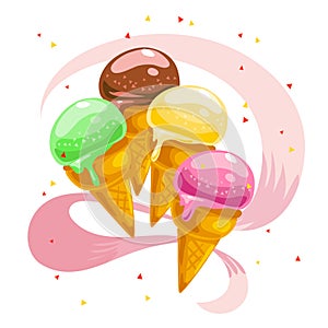 Vector flat collection of tasty sweet ice cream cones isolated on white background.