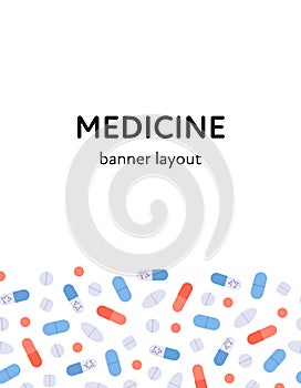 Vector flat color pill banner frame. Colorful red, blue, yellow, white pills isolated on white background in horizontal border