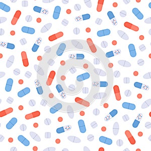 Vector flat color pill seamless pattern. Colorful red, blue, yellow, white pills isolated on white background. Design tile element