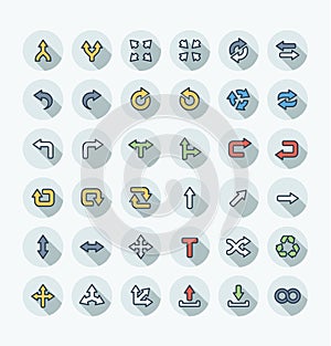 Vector flat color thin line icons set with arrows, direction and move outline flat symbols.