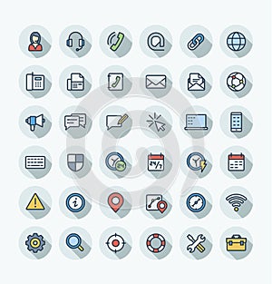 Vector flat color thin line icons set with contact us, technical support service outline symbols.