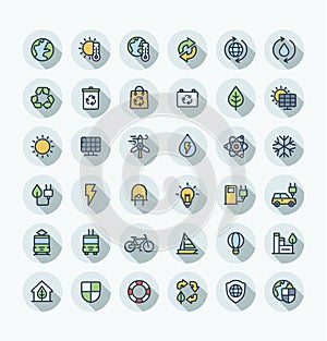 Vector flat color thin line icons set with environmental and ecology outline symbols