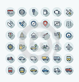 Vector flat color thin line icons set with transport, navigation outline symbols.