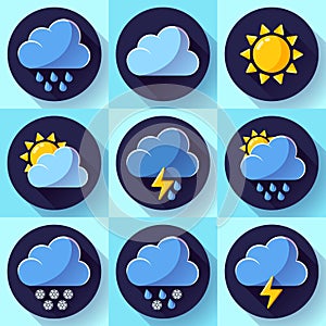 Vector flat color weather meteorology icons set with long shadow