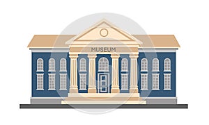 Vector flat colorful illustration exterior of museum building with title and columns isolated on white background.