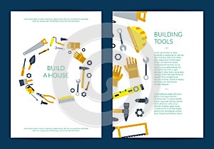 Vector flat construction tools card or flyer template illustration