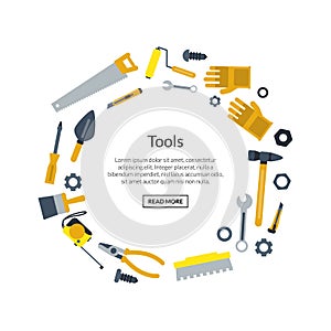 Vector flat construction tools in circle shape with place for text illustration