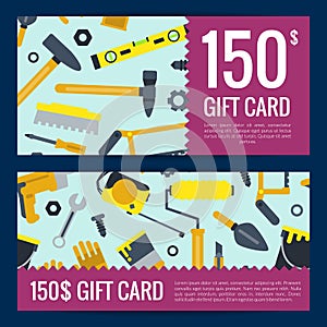 Vector flat construction tools discount or gift voucher templates illustration