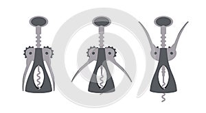 Vector flat corkscrew, for opening bottles of wine. Set of cork screw in different positions - uncork instructions photo