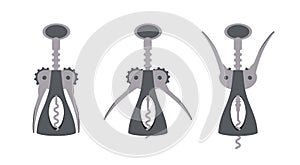 Vector flat corkscrew, for opening bottles of wine. Set of cork screw in different positions - uncork instructions