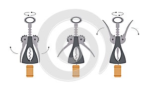 Vector flat corkscrew, for opening wine bottles . Open bottle and pull out wine cork, how to use, uncork instructions