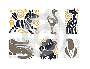 Vector flat cute funny hand drawn animal silhouette isolated on white background - zebra, ostrich, giraffe, crocodile, monkey and