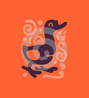 Vector flat cute funny hand drawn duck bird smiling silhouette isolated on orange background.
