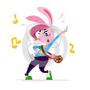 Vector flat cute little bunny girl student character dancing on white background.