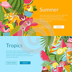 Summer elements, cocktails, flamingo, palm leaves web banner templates illustration