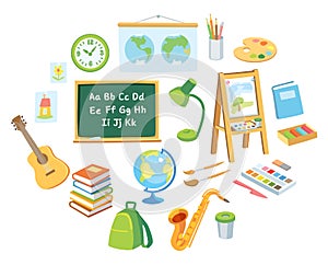 Vector flat design cartoon icons set of school supplies