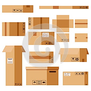 Vector flat design cartoon style illustration cardboard parcels set with packaging sings isolated on white background.