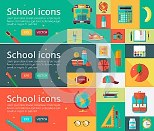 Vector flat design concepts of education. Horizontal banners with student items. Back to school set