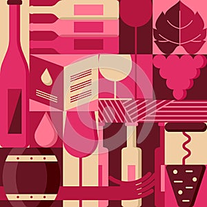 Vector flat design elements for wine list, label, packaging, bar menu. Background with wine bottles, glass, grape vine.