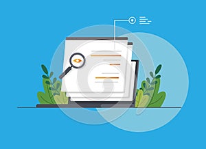 Vector flat illustration about searching error code using laptop