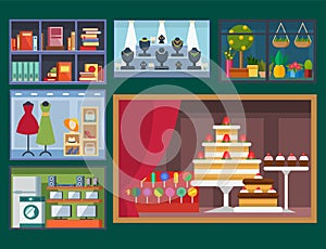 Vector flat design restaurant shops facade storefront market building architecture showcase window illustration.