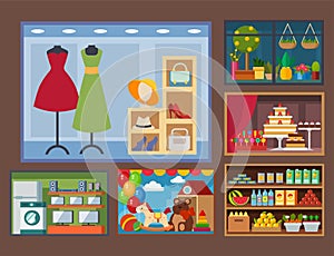 Vector flat design restaurant shops facade storefront market building architecture showcase window illustration.